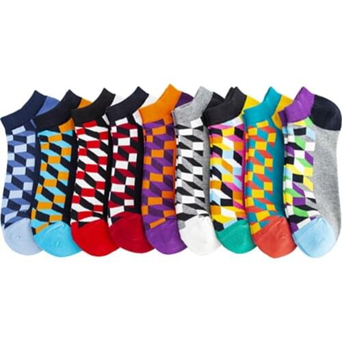 5 Pairs Combed Cotton Men Socks Short Fashion Colored Rhombus Ankle Socks Deodorant Antibacterial Dress Socks Man size 39-46