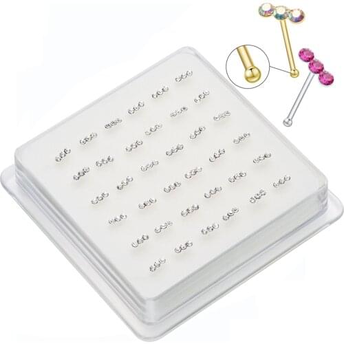 Lot Of 36Pcs 925 Sterling Silver Nose Piercing Nose RingsThree Crystal Novel Design Piercing Body Jewelry
