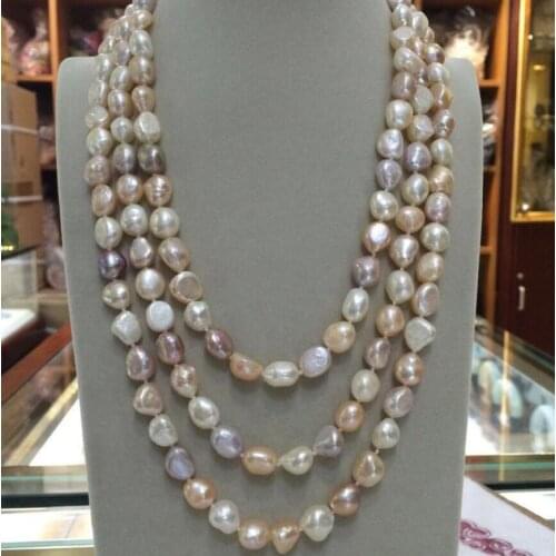 NEW long 60"9-10mm baroque white+Pink+Purple freshwater pearl necklace AAA