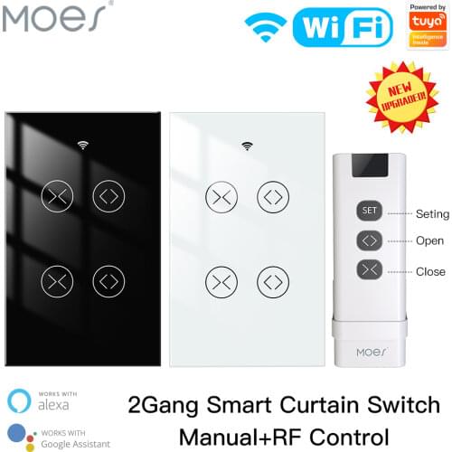 Moes Tuya Smart Life App WiFi RF 2 Gang Double Curtain Blind Switch for Roller Shutter Electric Motor With Google Home Alexa