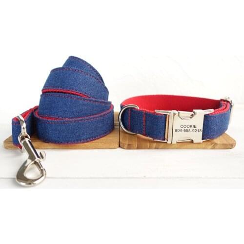 Personalized Pet Collar Customized Nameplate ID Tag Adjustable Red Jean Fiber Cat Dog Collars Lead Leash Set