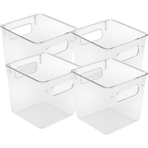 Plastic Storage Bins Clear Pantry Organizer Box Bin Containers for Organizing Kitchen Fridge, Food, (Square, 4-Pack)