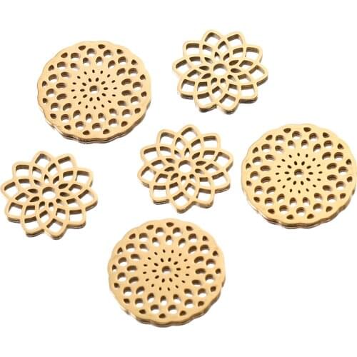 5pcs Lot Gold Stainless Steel Yoga Lotus Chakra Flower Charms Round Tag Hollow Pendant Bracelet Necklace Bulk Items Wholesale