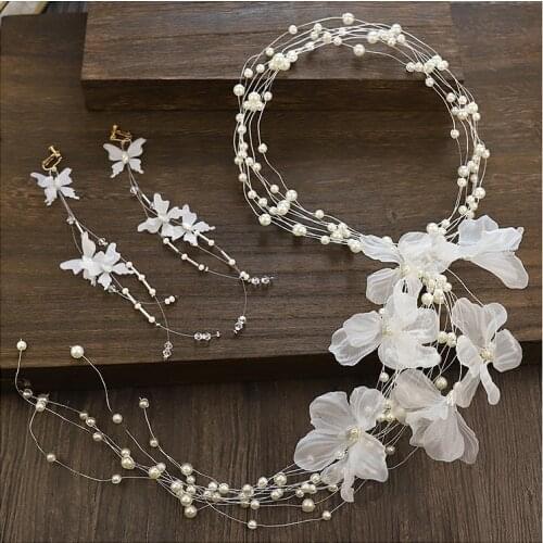 White flower long headbands bride Pearl headpiece Set Hand-stringed women wedding hair accessories