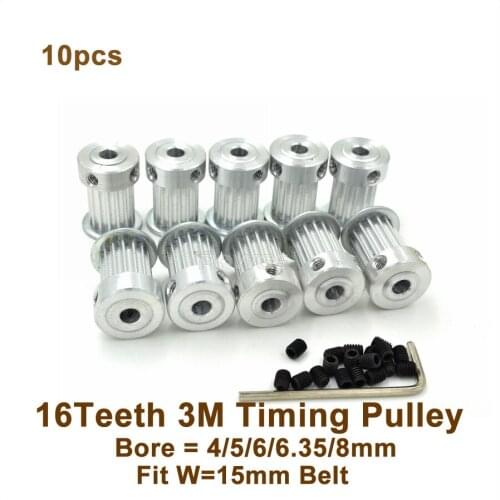 POWGE 10pcs 16 Teeth 3M Timing Pulley Bore 4/5/6/6.35/8mm Fit Width 15mm 3M Belt 16T 16Teeth HTD3M Pulley CNC Engraving Machine