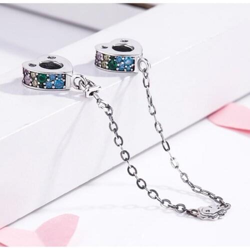 S925 Silver CZ Love Heart Safety Chain Charms Pendant Bead Fit Sterling Silver Original Charms Bracelets Bangles Christmas Gift
