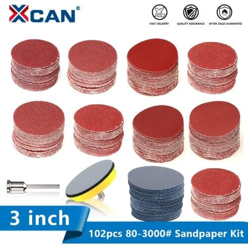 XCAN Sanding Disc 102Pcs 3inch 75mm Round Abrasive Dry Sandpaper with 3'' Back-up Pad For Polishing Cleaner Tools Sanding Paper
