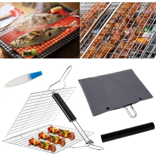 Fish Grill Basket Stainless Steel Grilling Basket Folding Portable BBQ Barbecue Rack W/Removable Handle Mat Sauce Bottle Brush
