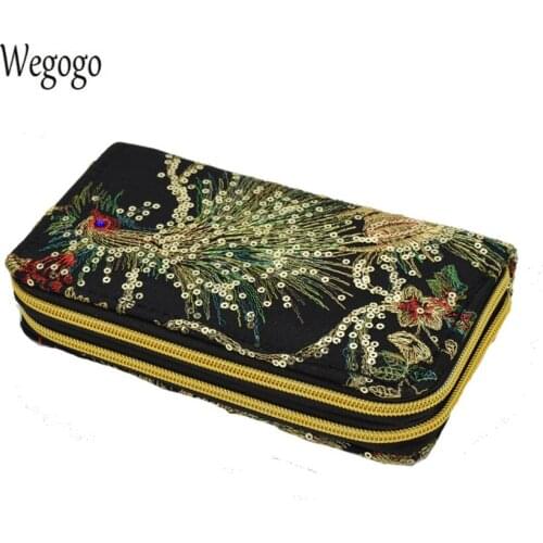 New Women Clutch Bag National Double-sided Peacock Embroidery Purse Canvas Long Wallet Two Zipper Mobile Phone Small Coin Bag