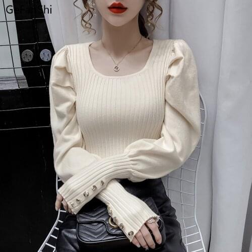 Autumn Winter Women Knitted Sweaters Pullover Solid O-neck Puff Sleeve Sexy Sweet Sweaters Office Ladies Top Knitwear Clothing
