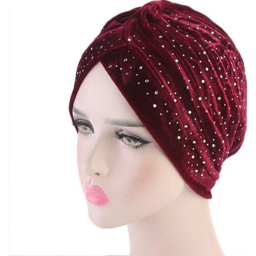 Women Velvet Turban Hat Rhinestone Fashion Twist Solid Color Hijab Chemo Cap Head Wraps Elegant Headscarf Stretchy Headband