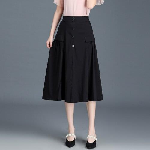 Women Fashion High Waisted Black Casual A-line Skirt 2021 Summer Female Elegant Plus Size 4XL Loose Mid-long Woman Skirts 2152