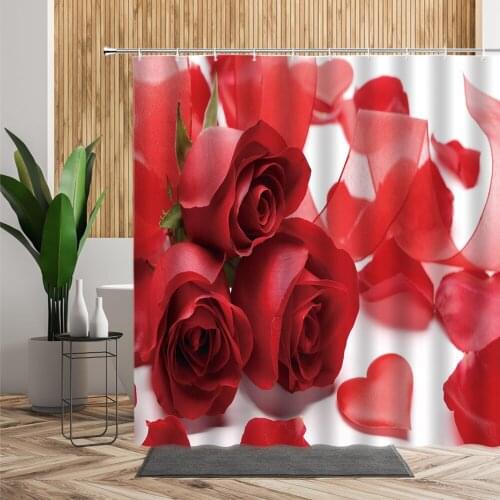 Red Rose Floral Shower Curtain Flower Petal Printed Bathroom Decor Creative Holiday Hanging Cloth With Hook Fabric Bath Curtains