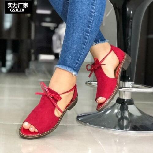 2021 Summer New Peep Toe Women Sandals Front Lace-up Low Heel Sandales Casual Thick Heel Female Shoes 4 Colors Available