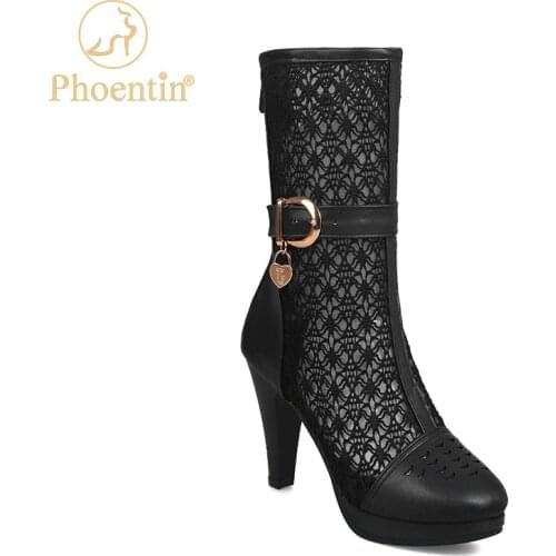 Phoentin black mid calf summer boots woman 2020 mesh booties back zipper hollow out design shoe white platform plus size FT916