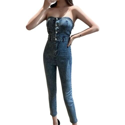 Fashion Off Shoulder High Waist Jeans Rompers DE Sexy Women Denim Overalls Korean Black Slim Pencil Ankle-Length Jumpsuits