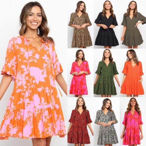 Summer 2021 Women Floral Dress Stitching Mini Casual Short Sleeve V-Neck Flared Sleeves Female Holiday Sexy Leopard Print Lady