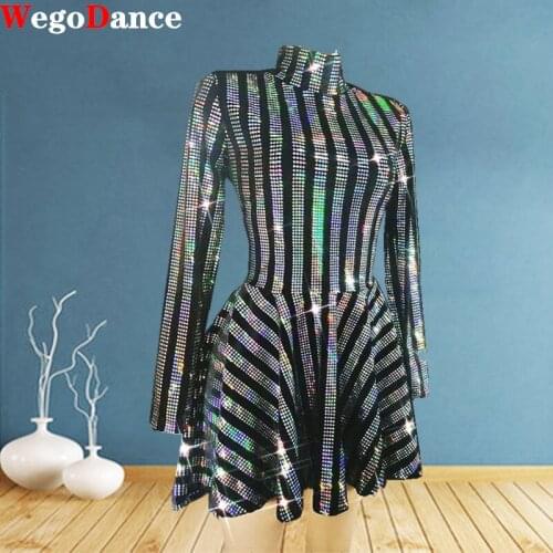 Full Crystal Short Dress Long Sleeve Black Prom Celebrate Birthday Outfit Women Dancer Show Stage Rhinestone