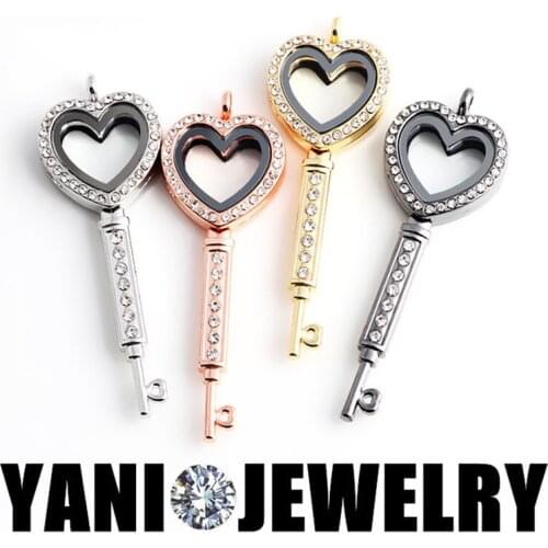 10pcs/Lot Open Alloy Rhinestone Glass Living Memory Heart Key Pendant Locket Handcraft Women Necklaces Jewelry Accessories