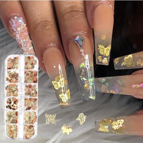 12 Grids Gold Nail Sequins Butterfly Metallic Slice Glitter 3D Acrylic Nails Flakes Manicure Decoration
