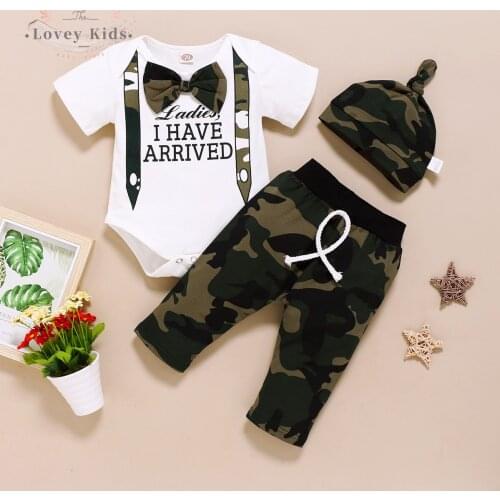 2020 Newborn Baby Boy Clothing 0-18M Letter Print Bodysuit with Tie Camouflage Pants Hat Tracksuit 3PCS Cotton Gentleman Outfit