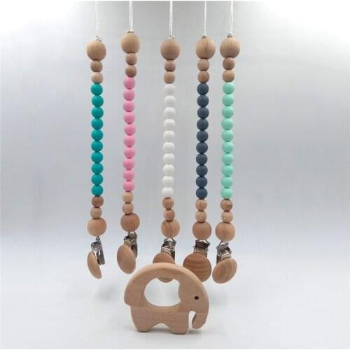 5pcs Organic Beech Wooden Mammoth Teether Chewable Silicone Beads Beech nipple Clips DIY Baby Teether Pacifier Chain