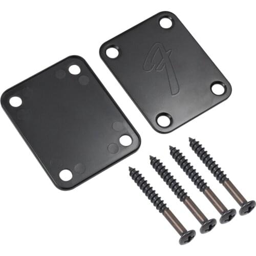 70s F Logo Strat/Tele 4-Bolt Chrome/Black Guitar Neck Plate Neckplate w/Screws