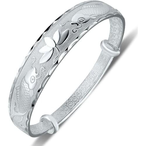 Mothers Day Gift Pure Silver 999 Silver Bracelet Female Ethnic Style Retro Lotus Pisces Bracelet Fashion Mother Silver Bracelet