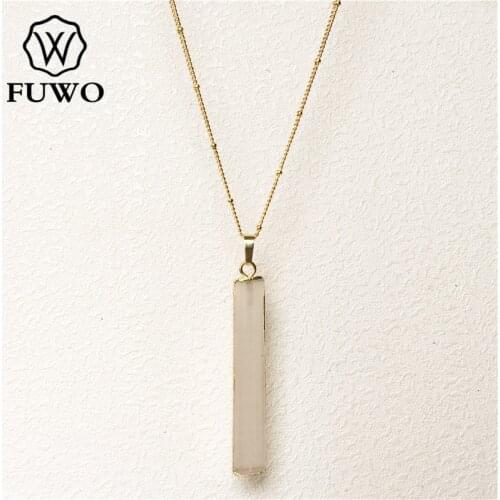 FUWO Natural Selenite Bar Necklaces With Gold Trimmed Edge High Quality Brass Chain Crystal Blade Jewelry Wholesale NC067