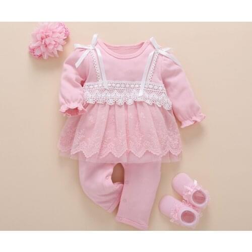 New born baby clothes long sleeved princess baby girl romper autumn spring lace children jumpsuit+headband+socks toddler set 3m