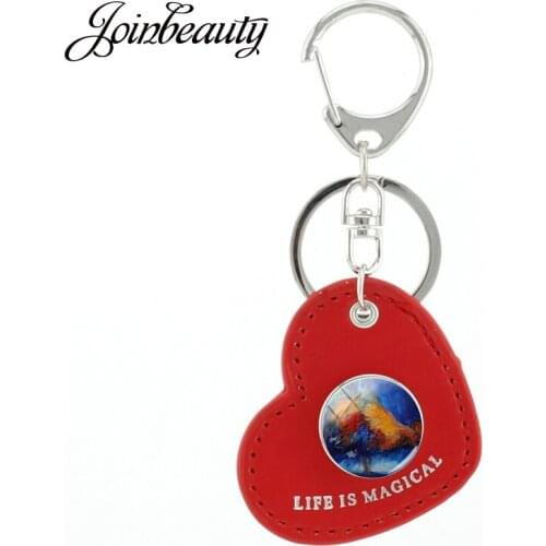 JOINBEAUTY Chicken Horse Oil Painting Animals Snap Buttons Key Ring Red Love Heart Shape Glass PU Coloured Drawing Keychain A10