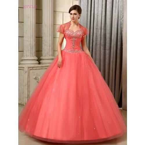 Coral Puffy Cheap Quinceanera Dresses Ball Gown Sweetheart Tulle Beaded Crystals Sweet 16 Dresses