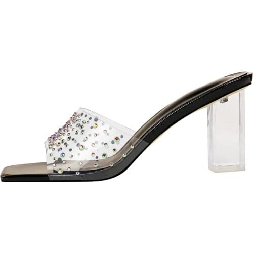 Korean fashion summer transparent crystal heel high heel square open toe transparent diamond sandals