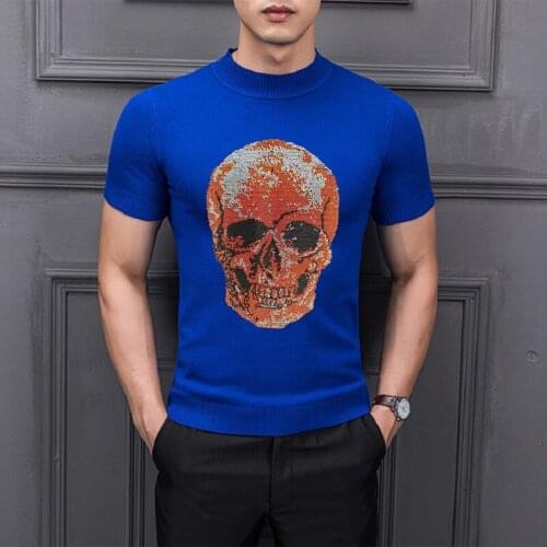 Mens Luxury Sweater Knitting Pullover Semi-High Collar Fitness Short Half-Sleeved Rhinestone Color Heavy Skull Tops