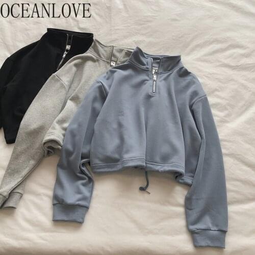OCEANLOVE Hoodies Women Zipper Solid Short Fashion Sexy Sweatshirts High Waist 2020 Autumn Pullovers Korean Tops Casual 17613