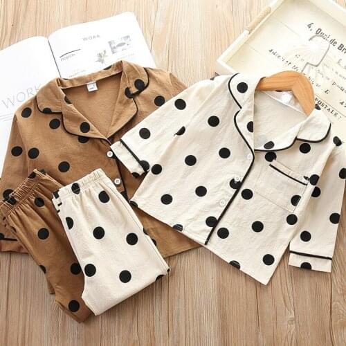 Pijama Infantil for Girls Fashion Polka Dot Print Pajama Set Baby Long Sleeve Turn-down Collar Tops+pants Sleepwear Suit 2-7Y
