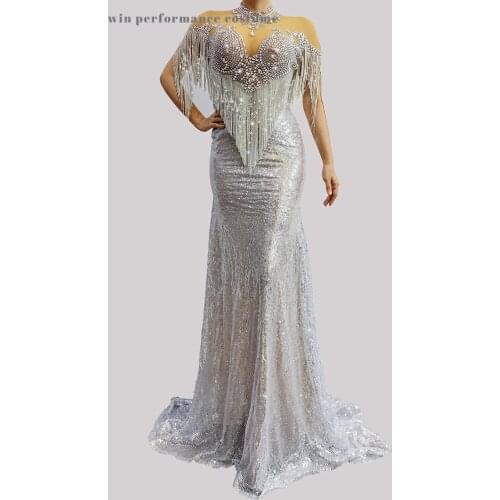 Custom Robe Anniversary Birthday Flashing Rhinestones Fringe Luxry Evening outfit Party Prom Wear tee dress 2 style Singer