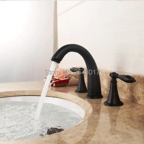 100% Solid Brass Basin 3 pcs Sink Mixer Hot and Cold Deck Mount Double Handle Oil Rubber Black Bathtub Mixer Faucets ZR864