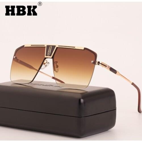 HBK Vintage Mens Square Sunglasses Metal Frame Gold Tea Luxury New Brand Design High Quality Driving Eyewear For Male UV400