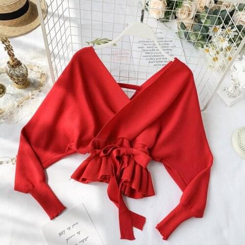 Autumn Sexy Big V-neck Sweater Slim Waist Solid Knitted Tops Ruffles Batwing Sleeve Pullovers Lace Up Bow Sweaters for Women