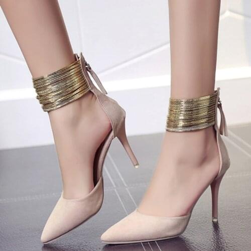 2021 Spring Autumn Women Pointed Toe Flock Pumps Curve Super High Party Fashion Metal Strap Shoes Ladies Heels Women Shoes