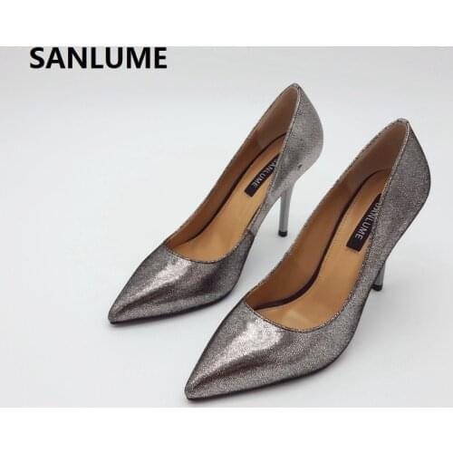 SANLUME Women Sexy High heels 100% Genuine leather Pumps Lady Pointed Toe Silver Wedding shoes 10cm heels inside sheepskin
