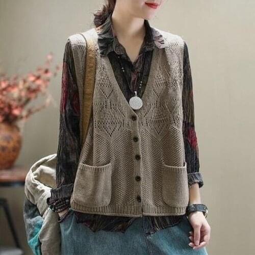 Spring and autumn fashion new V-neck hollow cardigan knitted vest womens casual loose retro solid color sweater all-match