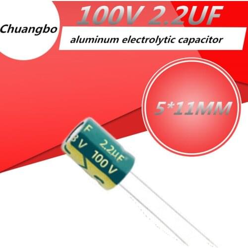 50pcs Higt quality 100V 2.2UF 5*11MM low ESR/impedance high frequency aluminum electrolytic capacitor 100V 2.2UF 5*11MM