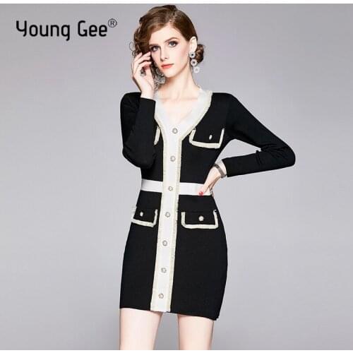Young Gee Sexy Autumn Women Bodycon Sheath Dress Knitted V-neck Pearl Buttons Tassels Spring Casual Black White Mini Dresses