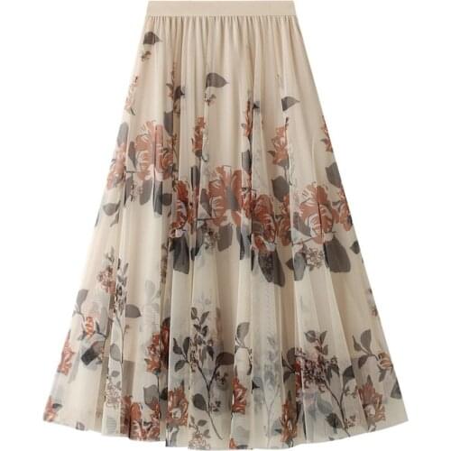 Vintage Floral Printed Tulle Skirt Women Spring Summer High Waist Fashion Elegant Pleated Skirts Female Mesh Midi Long Skirt