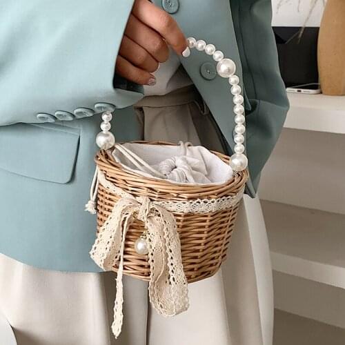Luxury Beading Small Shoulder Handbag 2021 Summer New Rattan Bag Willow Bag Portable Pearl Bag Handle Woven Lady bag