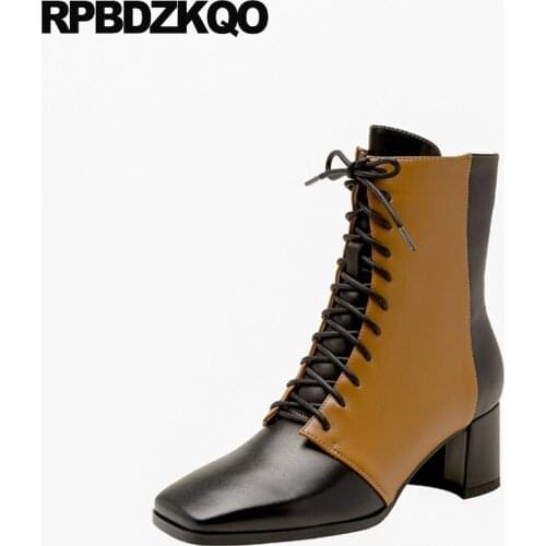 Fall Shoes Winter Vintage Chunky Block Genuine Leather Women Ankle Boots Medium Heel Zip Up Square Toe 2021 Lace Patchwork Girls