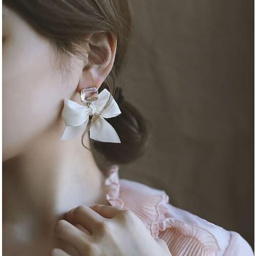 AENSOA 2021 New Jewelry Korean Sweet Black White Bowknot Women Earrings Sweet Fabric Lace Bow Fashion Drop Earrings Jewelry Gift