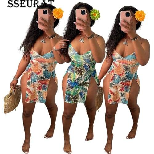 SSEURAT Women Mini Dress Print Spaghetti Strap V-neck Elastic Splited Above Knee Length Dresses Sexy Night Club Party Vestidos